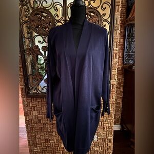 NWT Linda Matthews (Dressbarn) Navy Long Cardigan w Pockets & Silver Buttons 2X